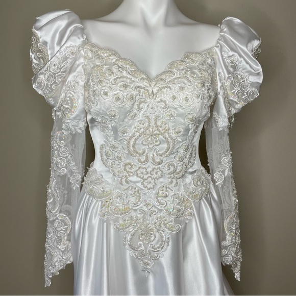 Vintage 80s White Satin Wedding Dress Pearls, Sequins, & Lace with a Long Train - Picture 1 of 14